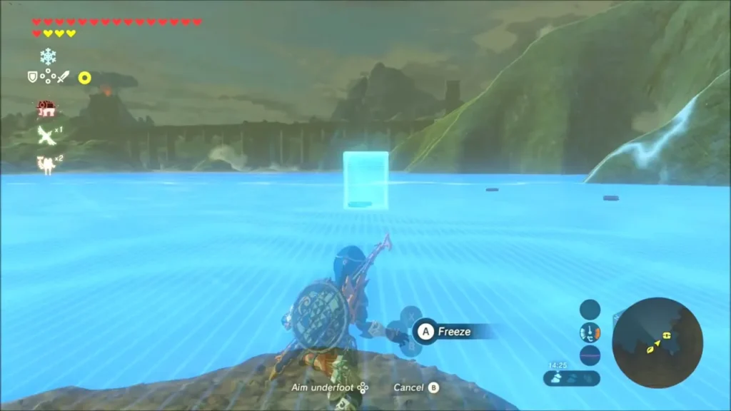 Link aiming Cryonis at the water to raise an ice block Link aiming Cryonis at the water to raise an ice block