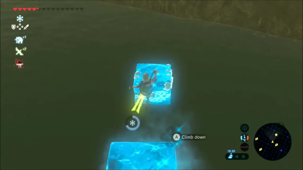 Link standing on a Cryonis ice block over the river Link standing on a Cryonis ice block over the river