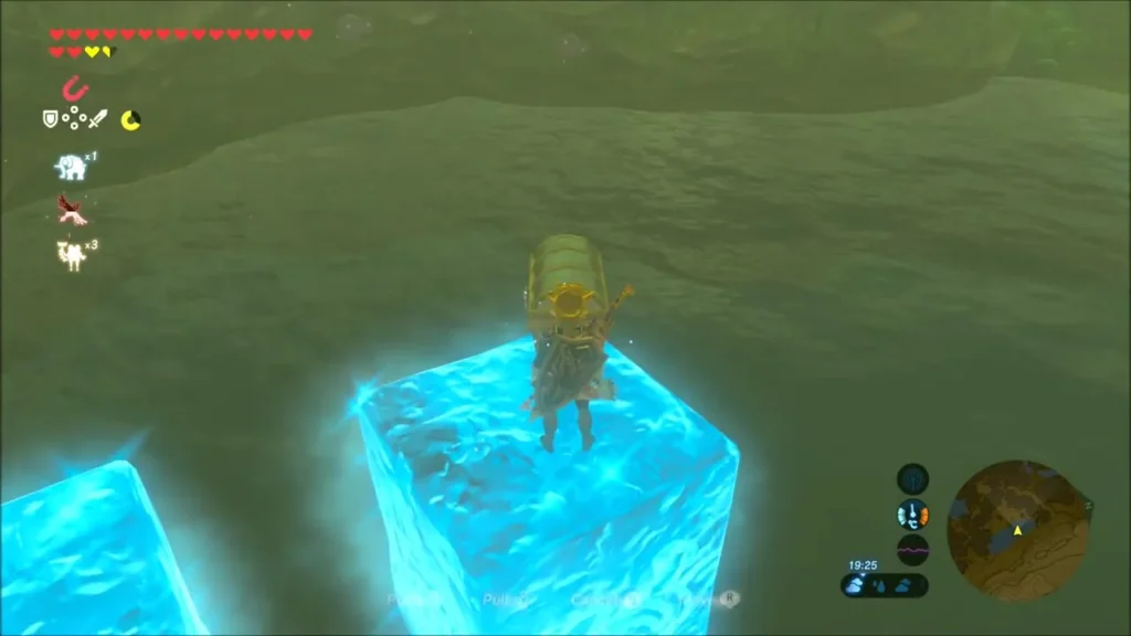 Link standing on a Cryonis ice block, a treasure chest lifted overhead Link standing on a Cryonis ice block, a treasure chest lifted overhead