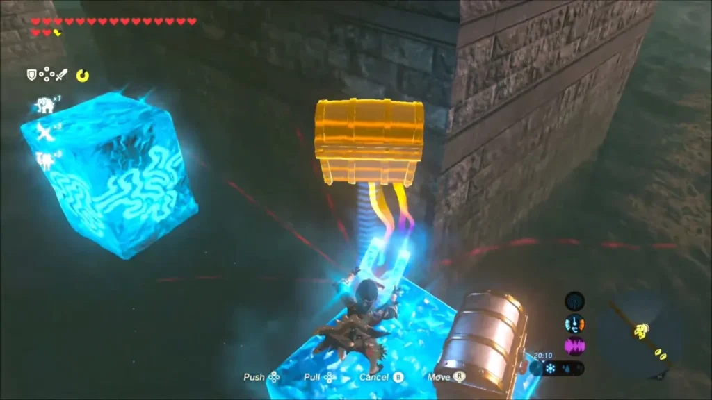 Link on an ice block beside a pier, pulling a chest toward him Link on an ice block beside a pier, pulling a chest toward him