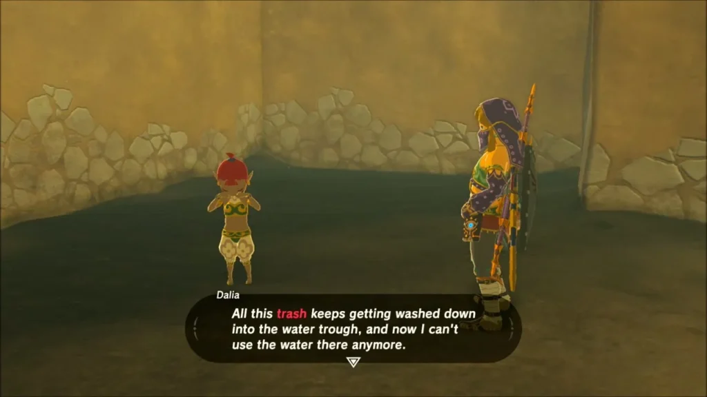 Dalia, a young Gerudo girl, tells Link trash keeps washing into the water trough Dalia, a young Gerudo girl, tells Link trash keeps washing into the water trough