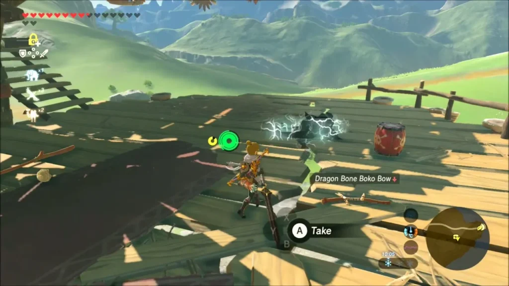 Dragon Bone Boko Bow lying on the camp platform beside a barrel Dragon Bone Boko Bow lying on the camp platform beside a barrel