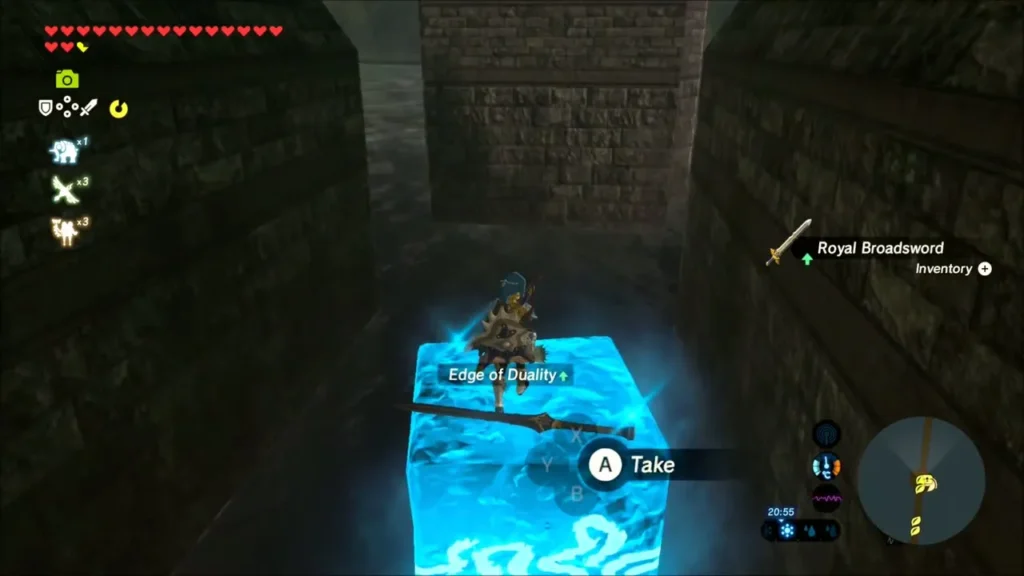 Link on an ice block reaching a Edge of Duality weapon lying at a pier Link on an ice block reaching a Edge of Duality weapon lying at a pier