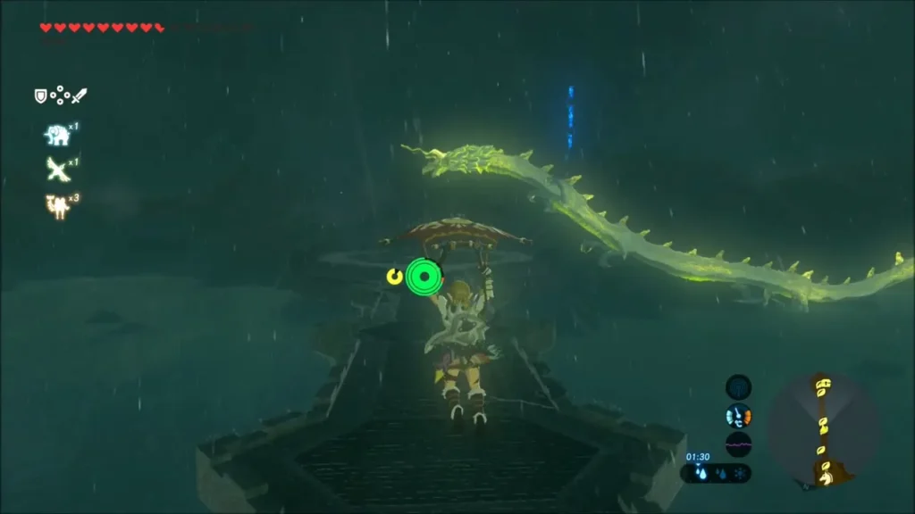 Link gliding in the rain as the electric dragon Farosh coils above the bridge Link gliding in the rain as the electric dragon Farosh coils above the bridge