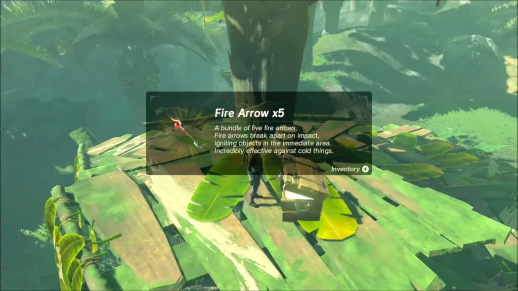 Link at an opened chest on the treehouse platform with Fire Arrows listed Link at an opened chest on the treehouse platform with Fire Arrows listed