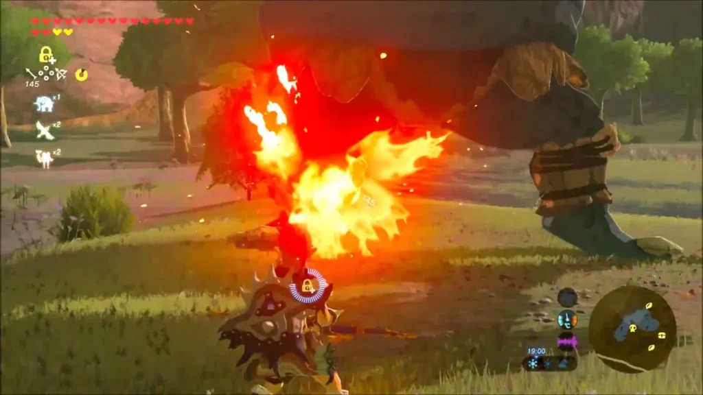 A fire arrow bursting into flames at the Hinox's feet A fire arrow bursting into flames at the Hinox's feet