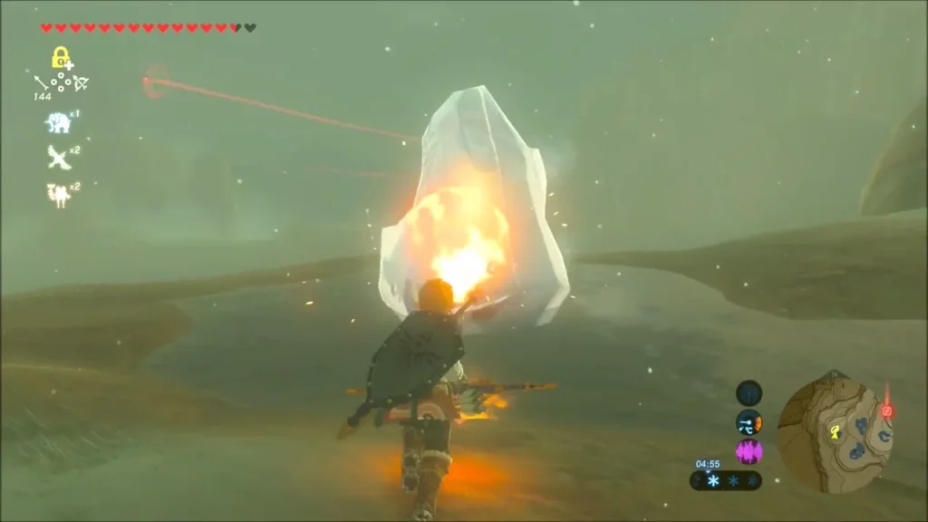 Link melting a clear ice crystal with fire on the flat below the ridge Link melting a clear ice crystal with fire on the flat below the ridge
