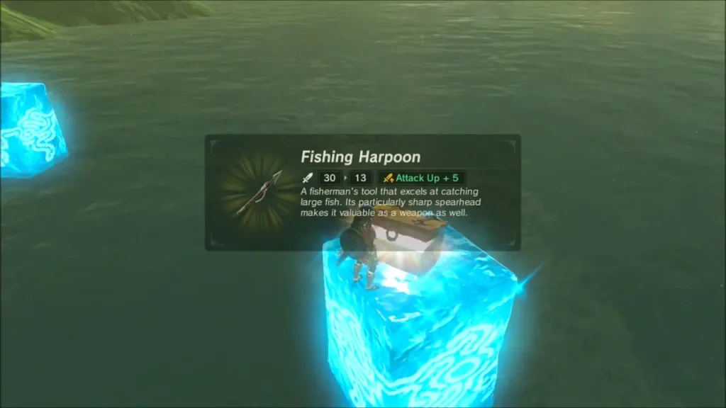Link on an ice block with the Fishing Harpoon item box Link on an ice block with the Fishing Harpoon item box