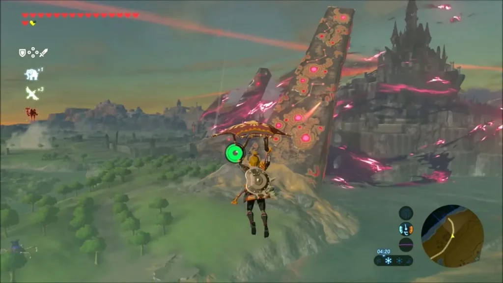 Link gliding past a corrupted tower near Hyrule Castle at dusk Link gliding past a corrupted tower near Hyrule Castle at dusk