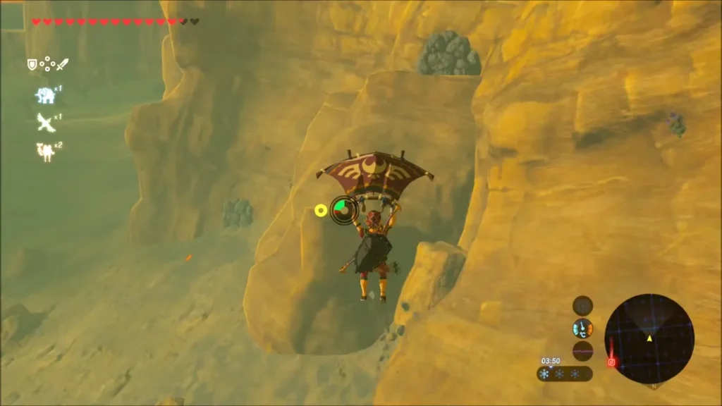 Link paragliding down a sandy canyon cliff toward an overhang niche Link paragliding down a sandy canyon cliff toward an overhang niche