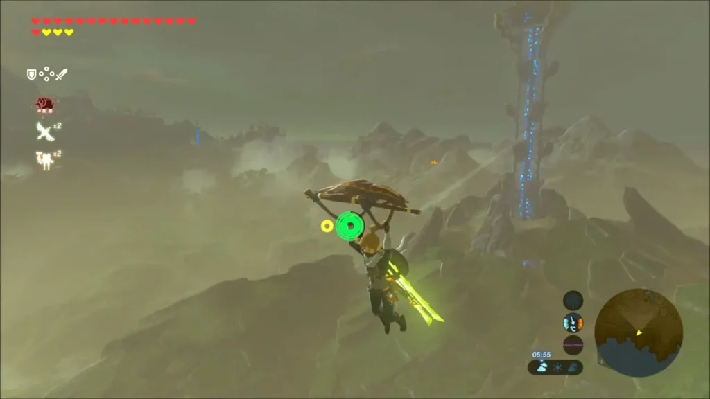 Link gliding over the hills with Lake Tower on the horizon Link gliding over the hills with Lake Tower on the horizon