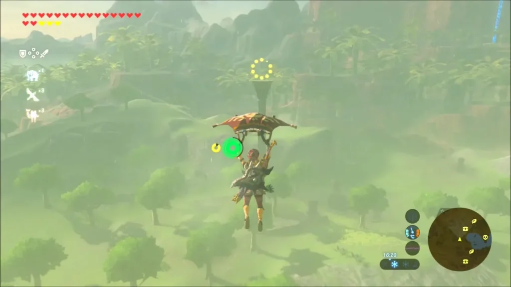 Link gliding off the pillar over the forest Link gliding off the pillar over the forest