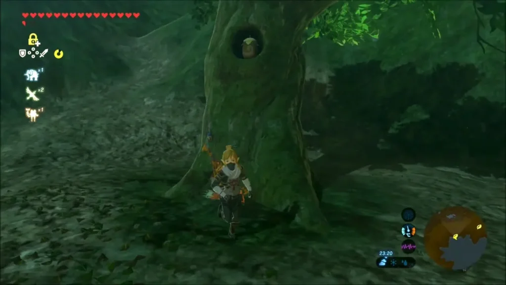 Link walking up to a tree with a hollow in its trunk Link walking up to a tree with a hollow in its trunk