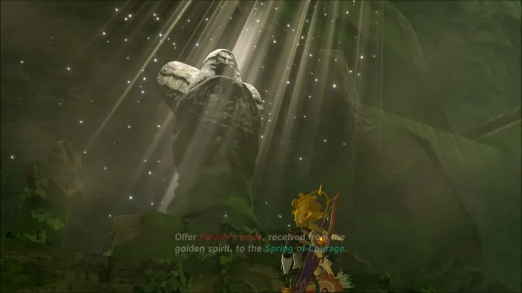 Light beams on the goddess statue asking Link for Farosh's Scale Light beams on the goddess statue asking Link for Farosh's Scale