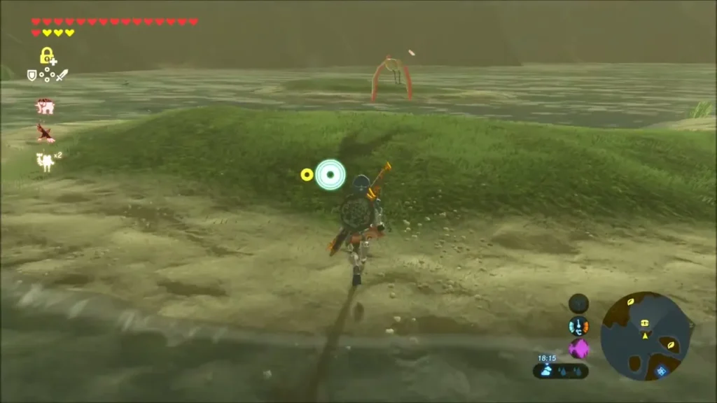 Link running onto a small grassy islet in Lake Hylia Link running onto a small grassy islet in Lake Hylia