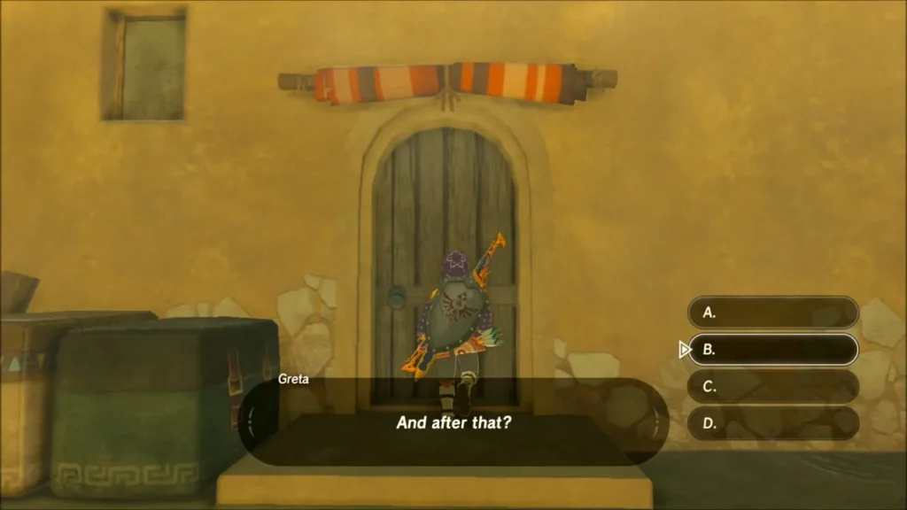 Link at the unmarked door facing Greta's multiple-choice password questions Link at the unmarked door facing Greta's multiple-choice password questions