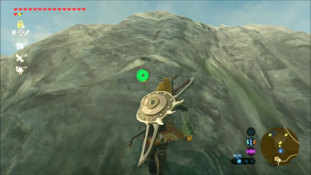 Link climbing a steep rocky cliff face with a stamina wheel Link climbing a steep rocky cliff face with a stamina wheel