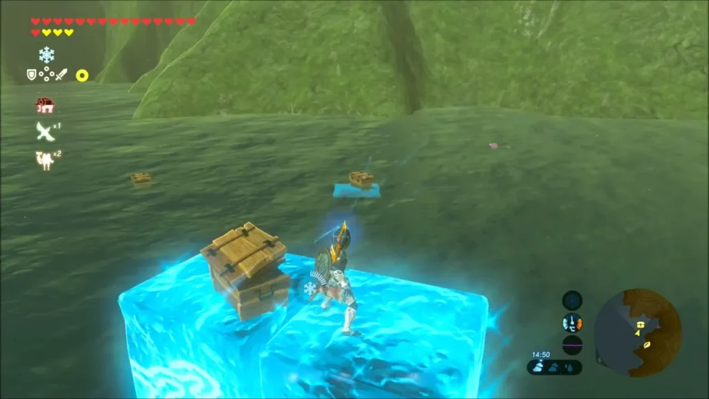 Link on an ice block beside a raised chest with more chests in the water Link on an ice block beside a raised chest with more chests in the water