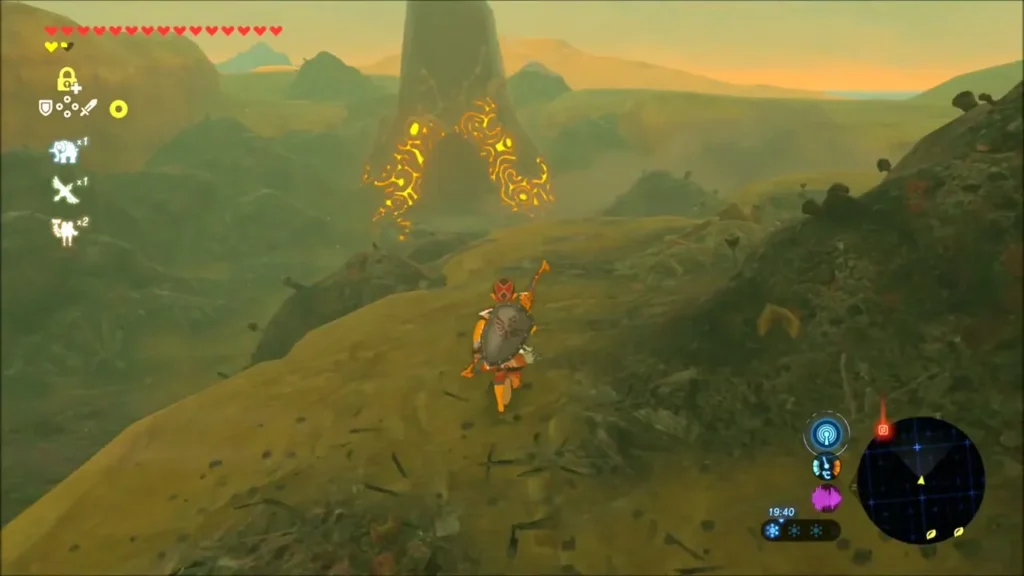 Link running along a ridge toward the glowing Ishto Soh Shrine on the cliffs Link running along a ridge toward the glowing Ishto Soh Shrine on the cliffs