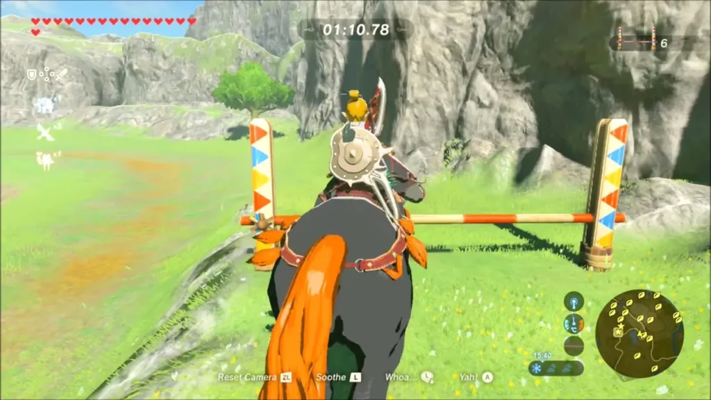Link riding at a colorful fence while the clock runs Link riding at a colorful fence while the clock runs