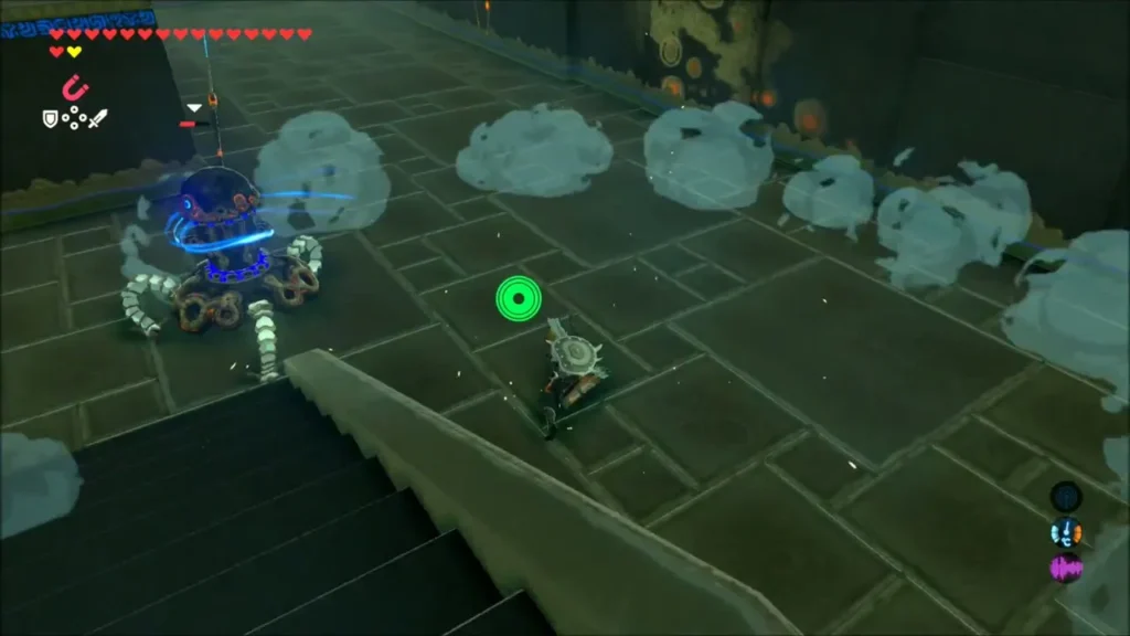 Link facing a Guardian Scout in the shrine hall Link facing a Guardian Scout in the shrine hall