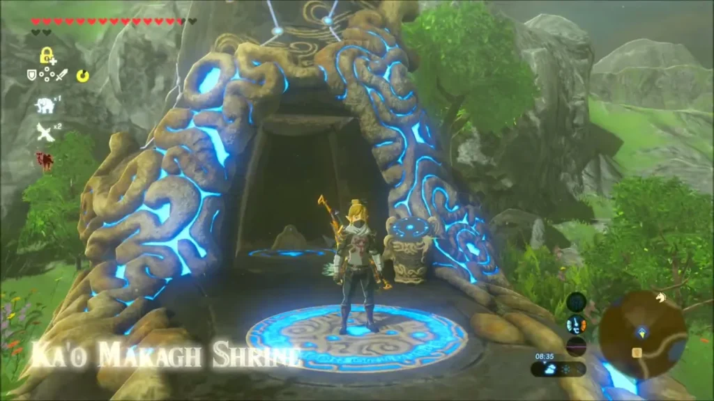 Link standing on the Ka'o Makagh Shrine entrance platform Link standing on the Ka'o Makagh Shrine entrance platform