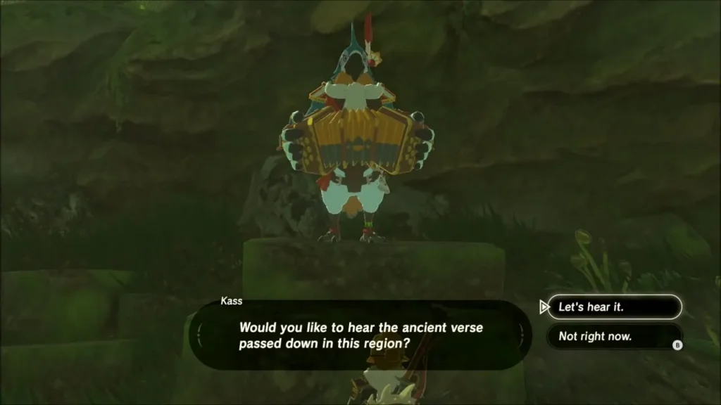 Kass on a mossy ledge asking whether Link wants to hear the ancient verse Kass on a mossy ledge asking whether Link wants to hear the ancient verse