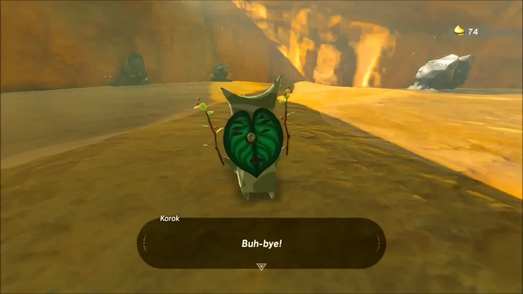 A Korok with a leaf mask saying goodbye in a sunlit canyon A Korok with a leaf mask saying goodbye in a sunlit canyon
