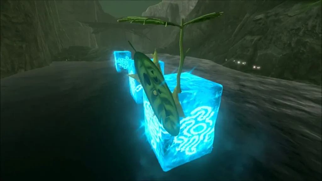 Korok leaf perched on top of an ice block in a row of Cryonis pillars Korok leaf perched on top of an ice block in a row of Cryonis pillars