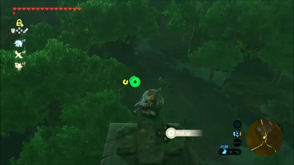 Link about to pick up a Korok leaf on a stone ledge in the forest Link about to pick up a Korok leaf on a stone ledge in the forest