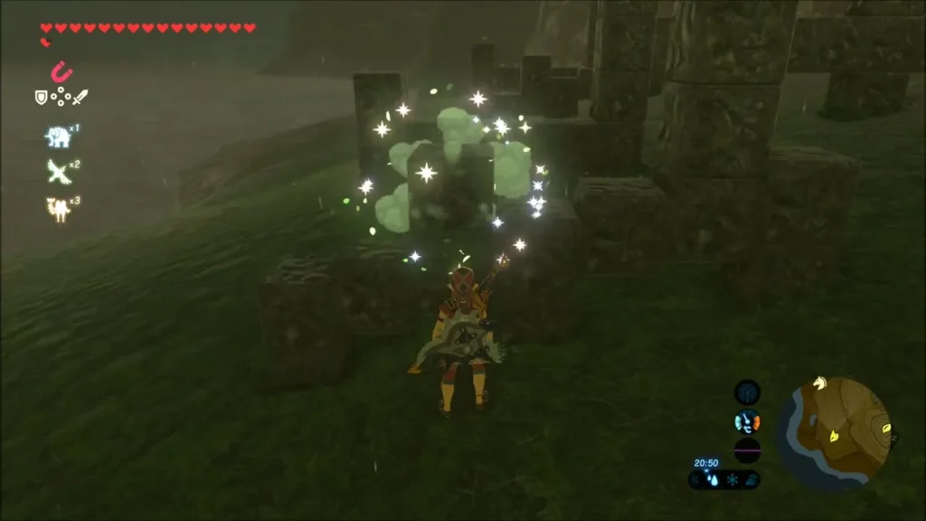 Leaf-burst sparkles where the Korok appears among the stones as Link watches Leaf-burst sparkles where the Korok appears among the stones as Link watches