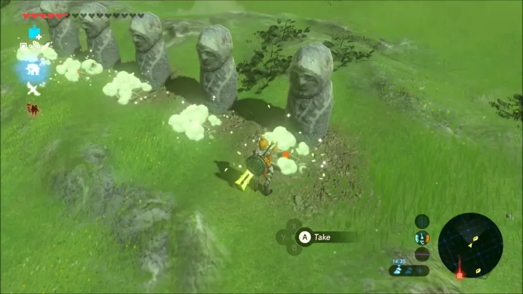 Link taking a Korok seed amid puffs of dust beside the stone statues Link taking a Korok seed amid puffs of dust beside the stone statues