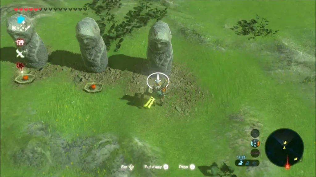 Link standing before a row of tall stone statues in the grass Link standing before a row of tall stone statues in the grass