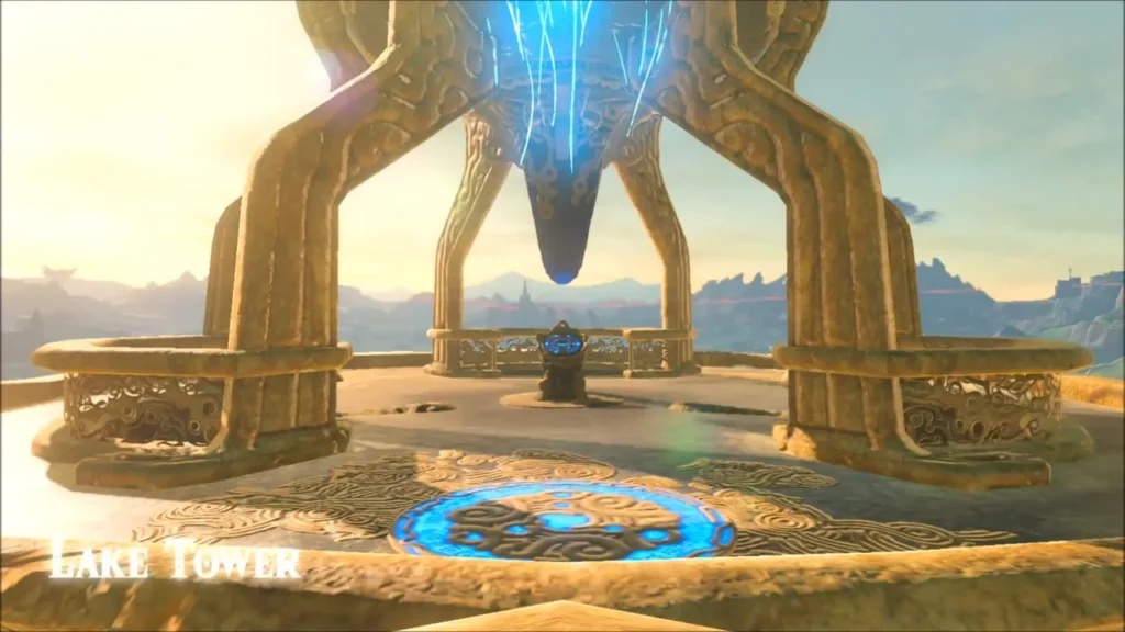 Link standing on the Lake Tower platform with the tower name shown Link standing on the Lake Tower platform with the tower name shown