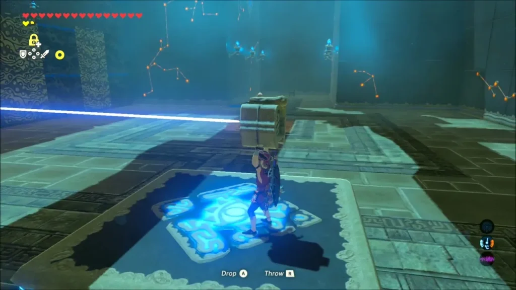 Link holding the laser above his head while standing on the moving platform pad Link holding the laser above his head while standing on the moving platform pad