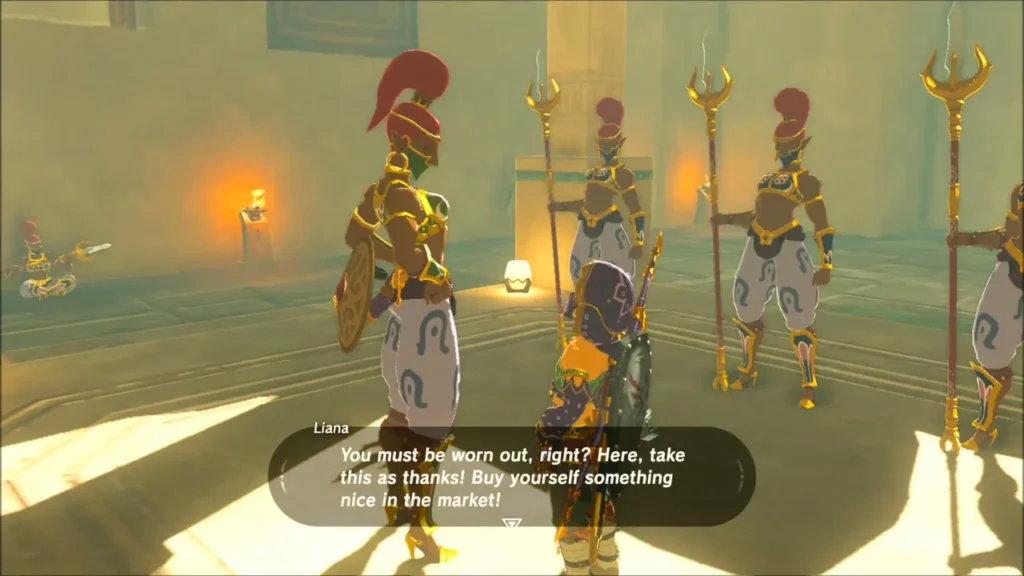 Liana handing Link a reward in the palace hall as thanks Liana handing Link a reward in the palace hall as thanks