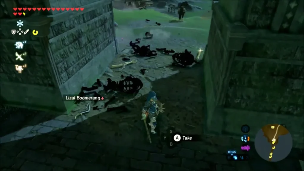 Link at the bridge gate standing over a fallen Lizalfos and its Lizal Boomerang Link at the bridge gate standing over a fallen Lizalfos and its Lizal Boomerang