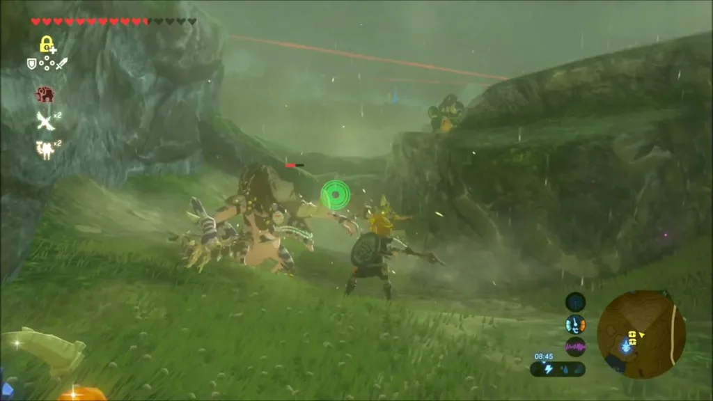 Link fighting several Lizalfos along the slope in the rain Link fighting several Lizalfos along the slope in the rain