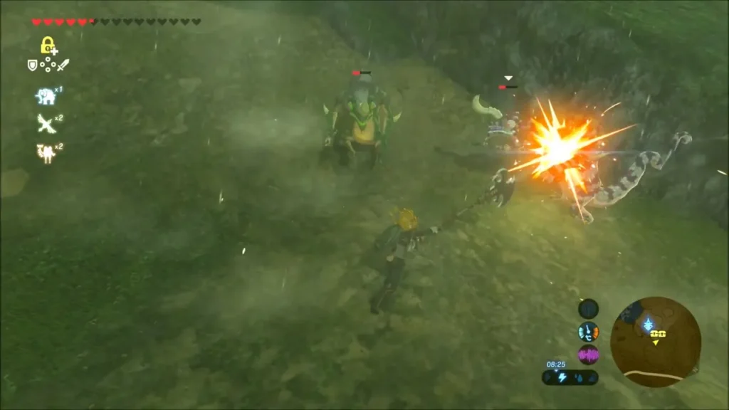 Link striking a Lizalfos on the rainy hillside Link striking a Lizalfos on the rainy hillside