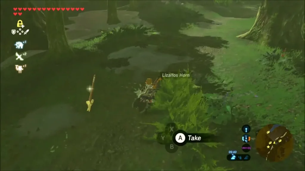 Link about to pick up a Lizalfos Horn dropped on the forest path Link about to pick up a Lizalfos Horn dropped on the forest path