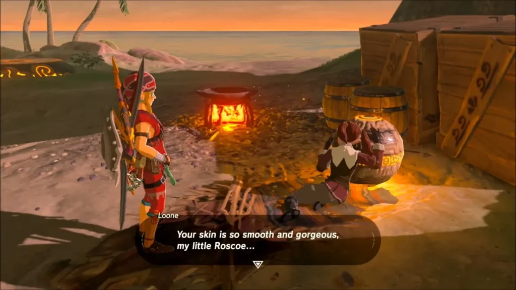 Loone talking to her rock-armored friend Roscoe by the fire at sunset Loone talking to her rock-armored friend Roscoe by the fire at sunset