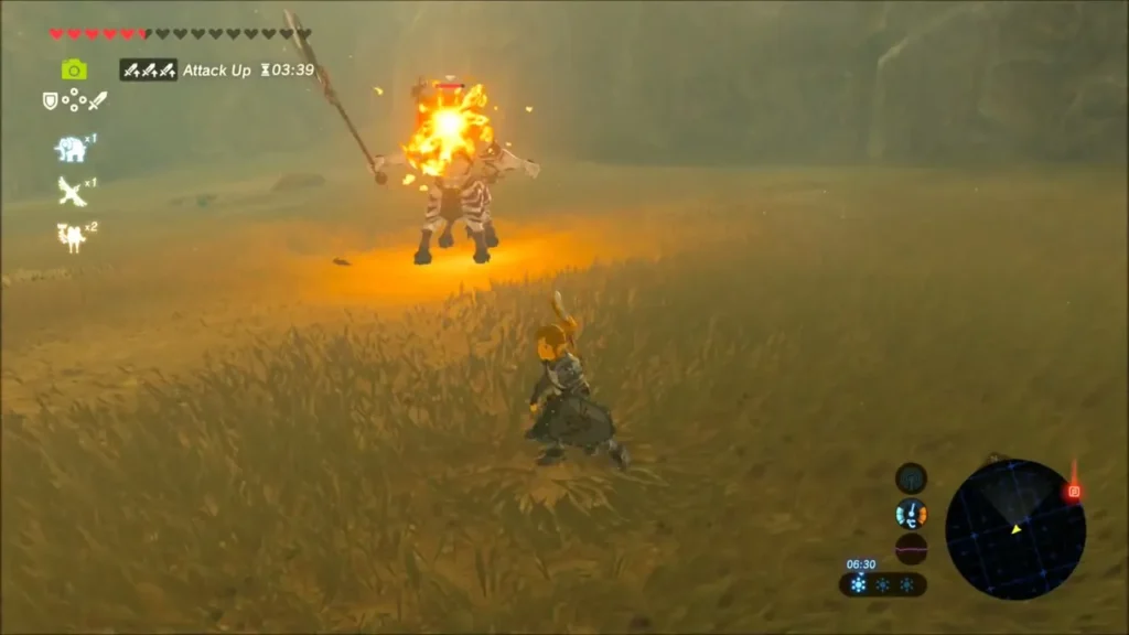 A bomb exploding on a Lynel as Link keeps his distance in the grass A bomb exploding on a Lynel as Link keeps his distance in the grass