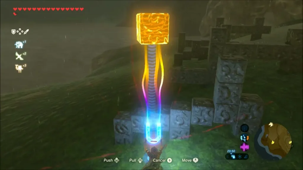 A metal block raised high above the ruined stone blocks with Magnesis A metal block raised high above the ruined stone blocks with Magnesis