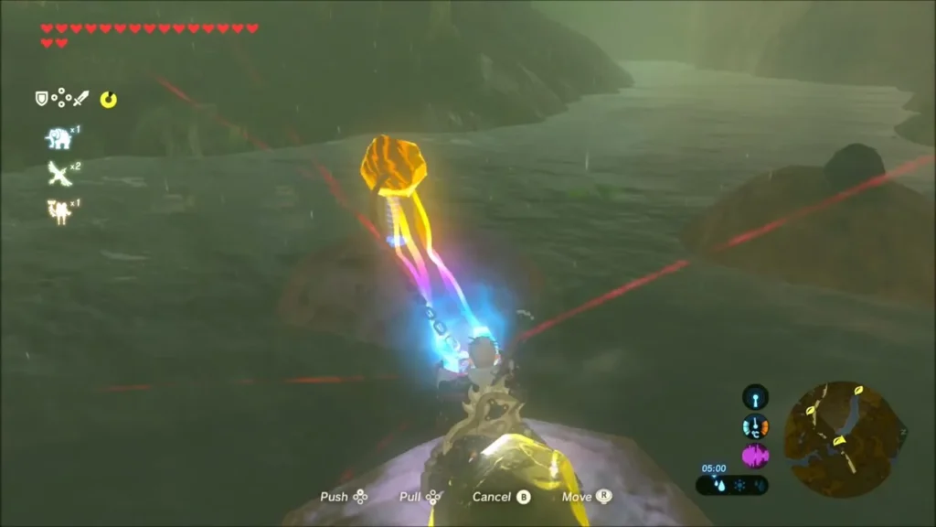 Link pulling a metal object with Magnesis while standing on a river boulder Link pulling a metal object with Magnesis while standing on a river boulder