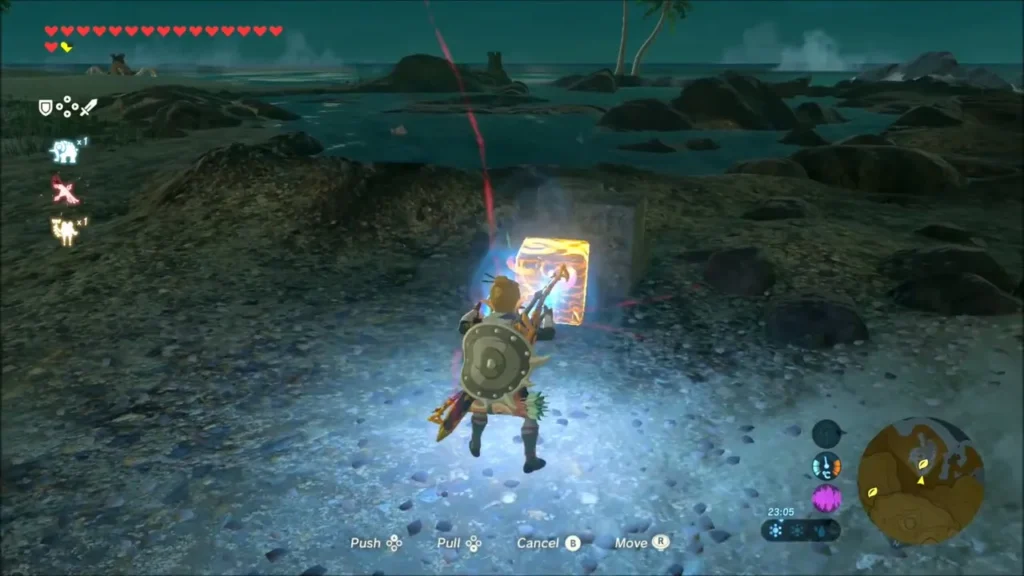 Link pulling a treasure chest out of the water with Magnesis Link pulling a treasure chest out of the water with Magnesis