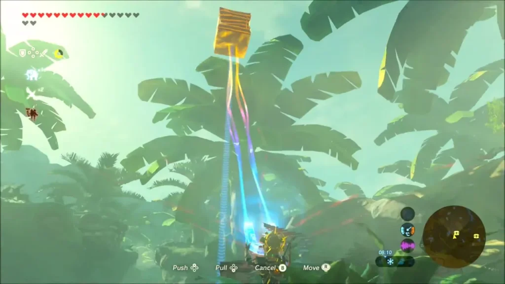 Link using Magnesis to pull a metal crate down from the jungle treetops Link using Magnesis to pull a metal crate down from the jungle treetops