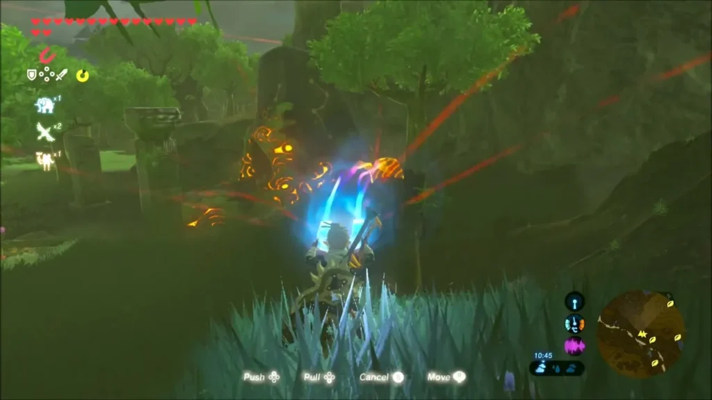 Link using Magnesis to pull glowing metal from beside the trees Link using Magnesis to pull glowing metal from beside the trees