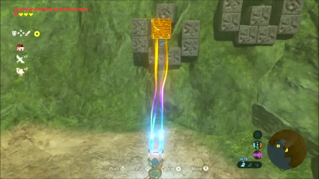 Link pulling a metal block out of the ruined stones with Magnesis Link pulling a metal block out of the ruined stones with Magnesis
