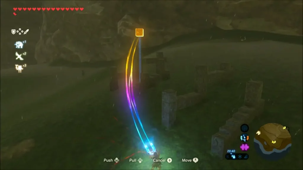 Link aiming Magnesis at a metal block among broken stone walls on the hillside Link aiming Magnesis at a metal block among broken stone walls on the hillside