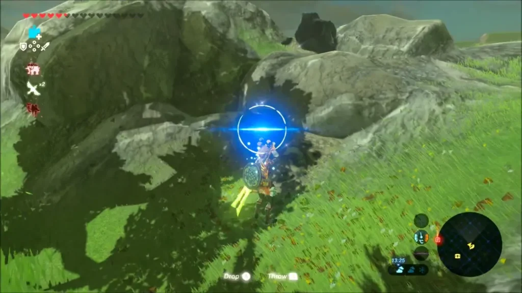 Link using Magnesis to lift a rock on the grassy hillside Link using Magnesis to lift a rock on the grassy hillside